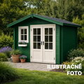 Záhradný domček natretý Osmo Vidieckou farbou 2404 jedľovo zelená – vizualizácia exteriérovej krycej farby na drevené konštrukcie