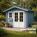 Záhradný domček natretý Osmo Vidieckou farbou 2507 holubia modrá – vizualizácia exteriérovej krycej farby na drevené konštrukcie