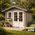 Záhradný domček natretý Osmo Vidieckou farbou 2708 pieskovo šedá – vizualizácia exteriérovej krycej farby na drevené konštrukcie